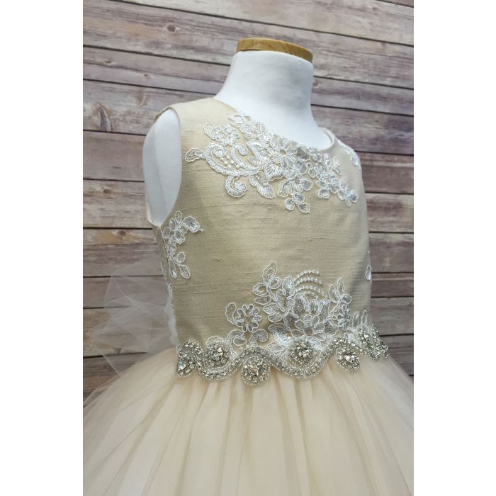 Petite Adele Silk & Beaded Bodice Tulle Skirt Rhinestone Sash Formal Dress