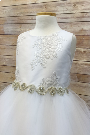 Petite Adele Silk & Beaded Bodice Tulle Skirt Rhinestone Sash Formal Dress